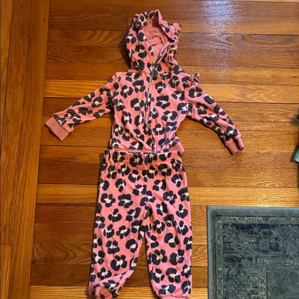 Pink Leopard Print Hooded Jacket and Pant Set with Ears